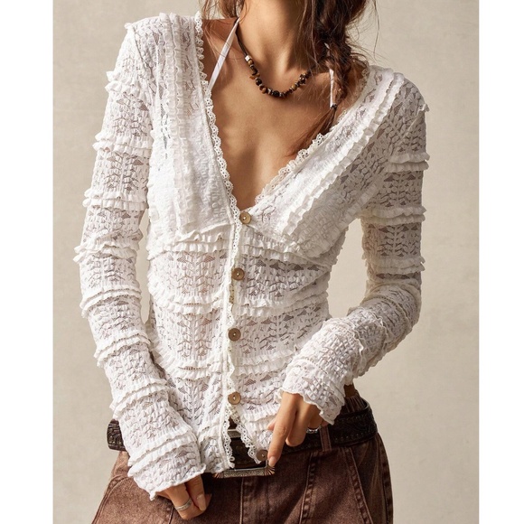 Boho Fitted Button Down Frill Ruffle Detail Long Sleeve top - Picture 2 of 12